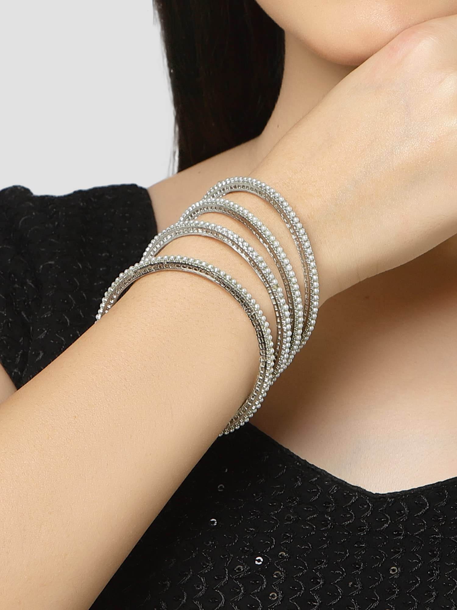 T4 Jewels Oxidised Silver Pearl Studded Tribal Set of 4 Bangles for Women T4 Jewels