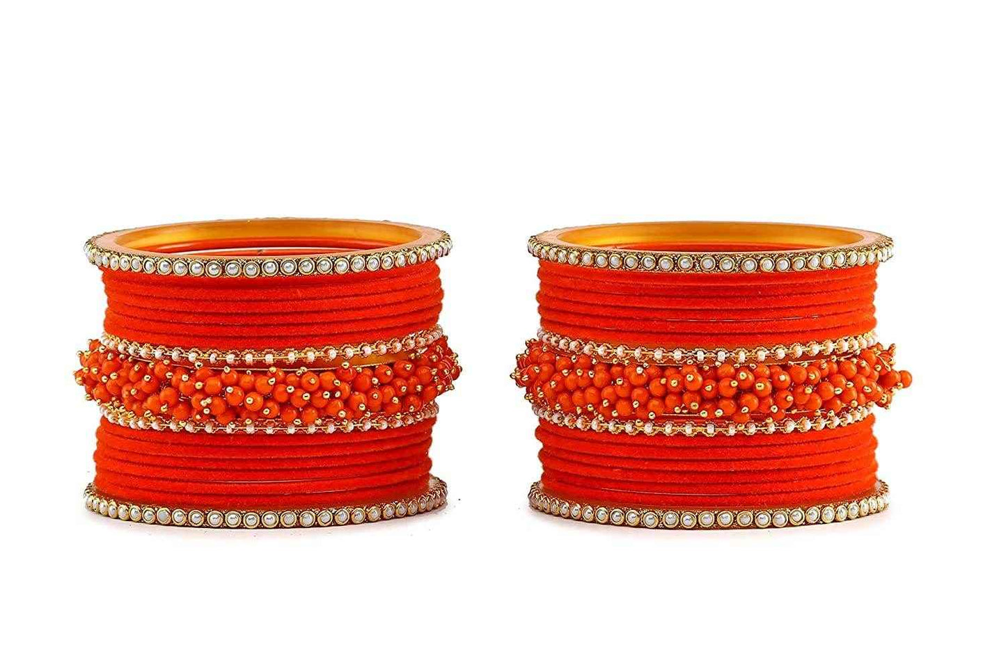 T4 Jewels Brass Metal Velvet Pearl And Beads Glossy Finished Bangles Set (Set For 2 Hand) - 59NO Bangle Sets T4 Jewels