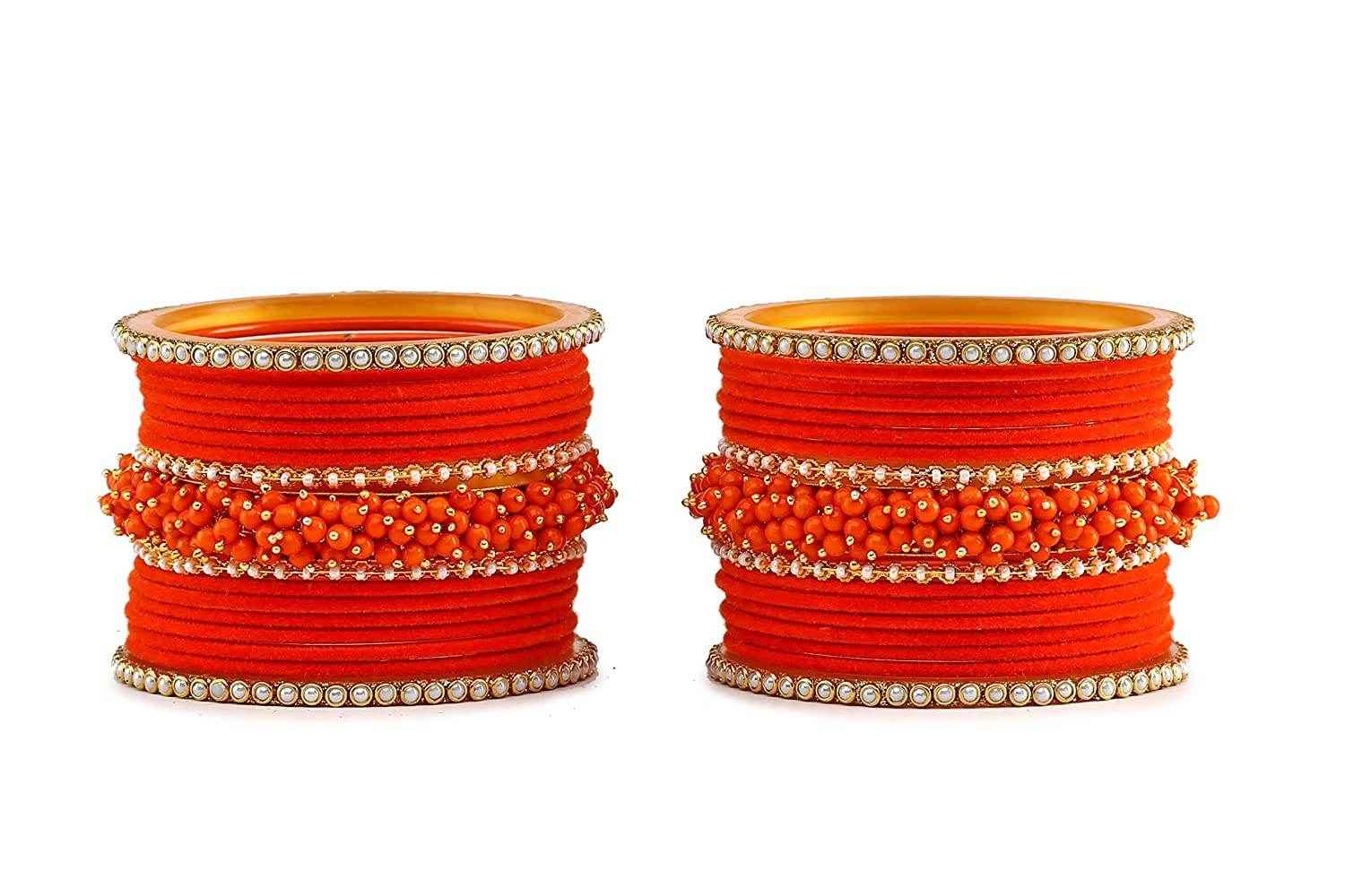 T4 Jewels Brass Metal Velvet Pearl And Beads Glossy Finished Bangles Set (Set For 2 Hand) - 59NO Bangle Sets T4 Jewels