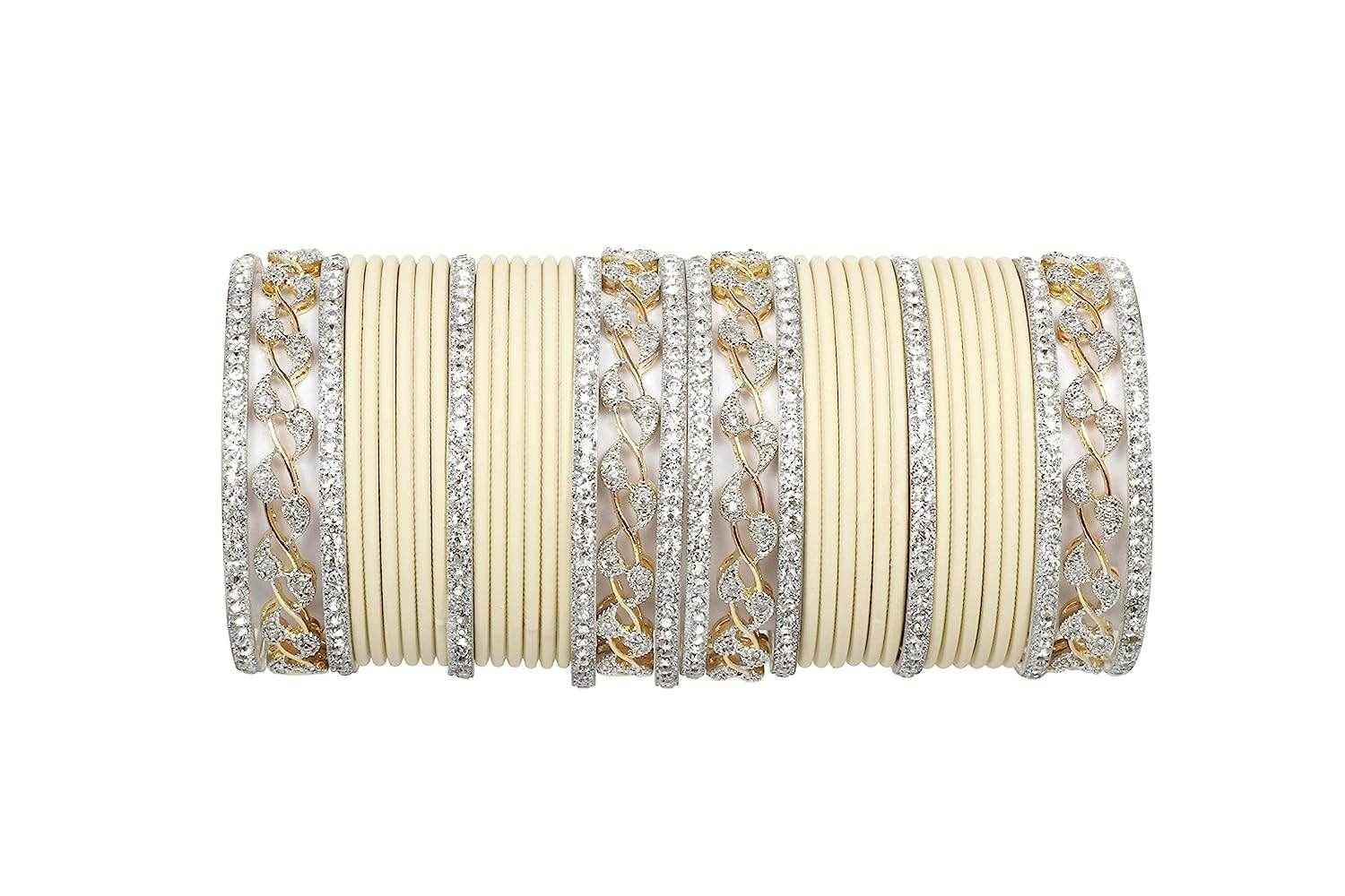 T4 Jewels AD Stones Studded Gold & Silver Plated Beautiful Bangles Set Bridal Chuda - 103NO Cream All Bangle Sets T4 Jewels