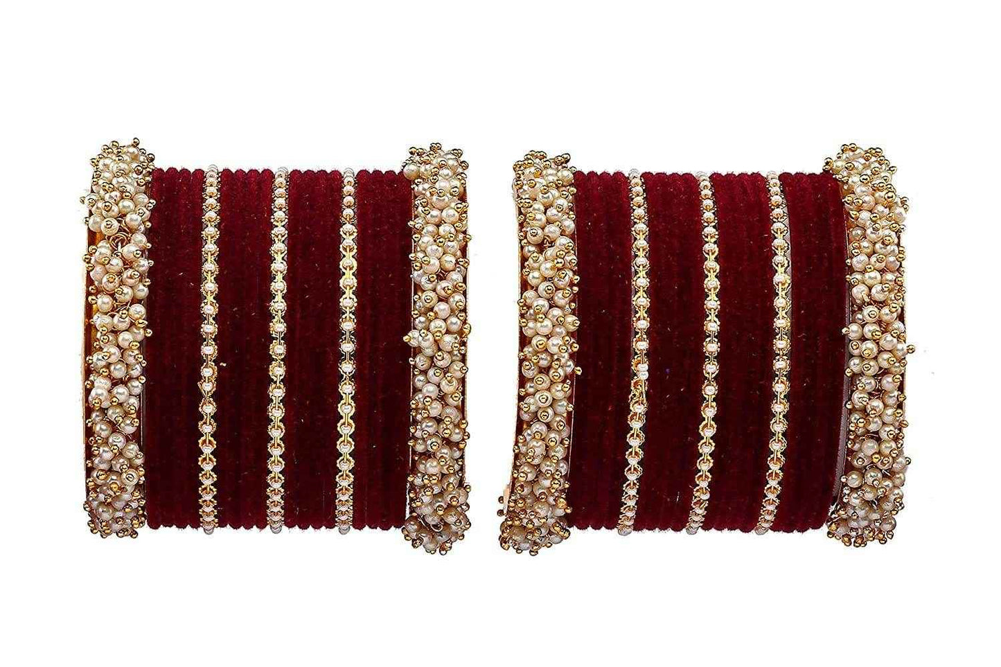 T4 Jewels Stylish Latest Collection Fashion Jewellery Pearl And Stone Glossy Finished Metal Bangles Set - 70NO Maroon All Bangle Sets T4 Jewels