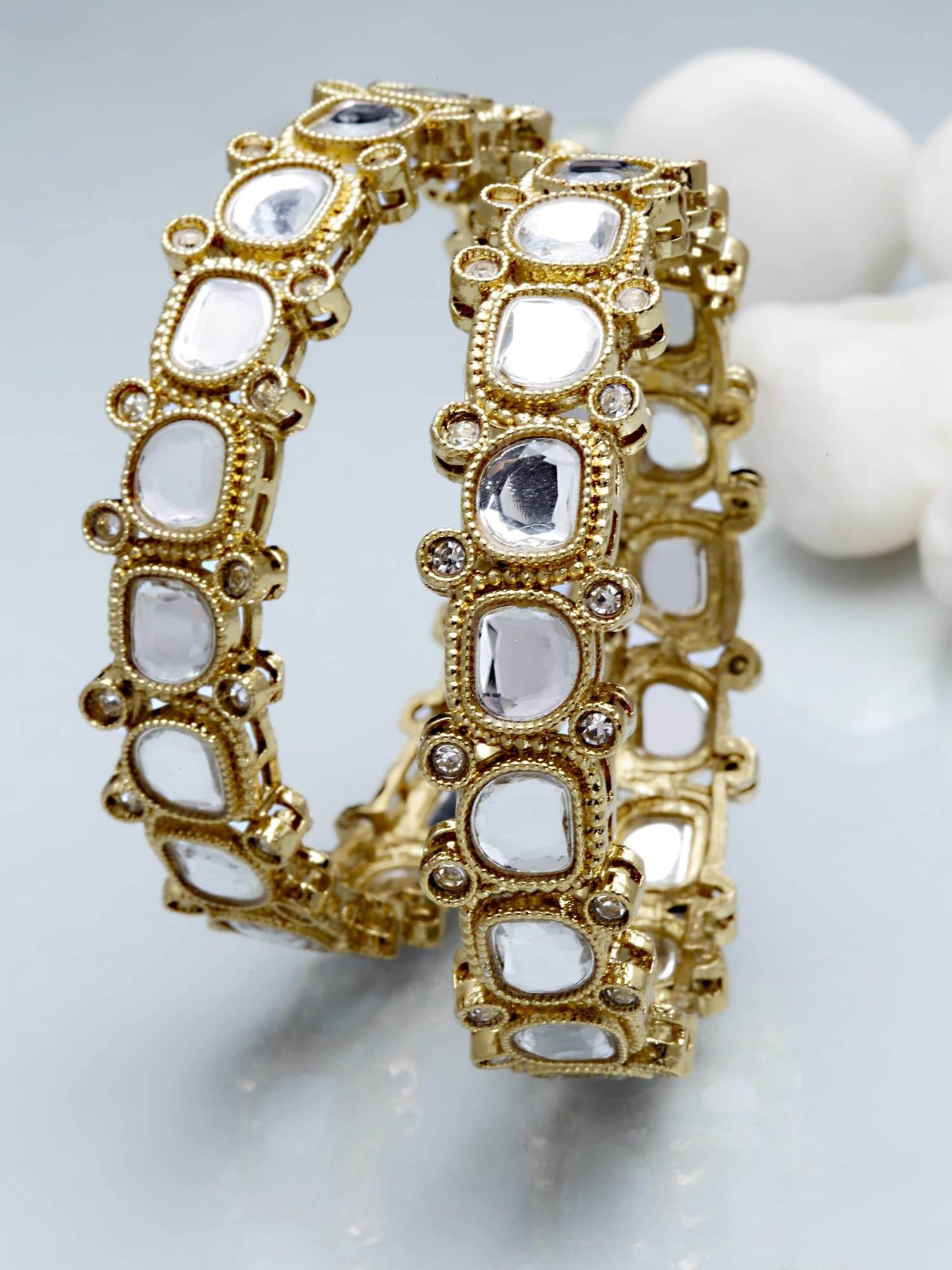 T4 Jewels Set of 2 Antique Gold Plated Mirror Work Kundan Bangles for Women T4 Jewels