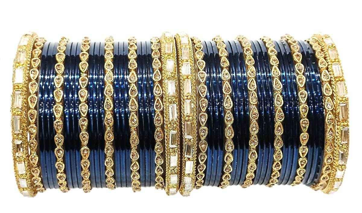 T4 Jewels 18k Gold Plated Drop Design Beautiful Stylish Fashion Jewellery Glass Bangles Set - 78NO Blue All Bangle Sets T4 Jewels