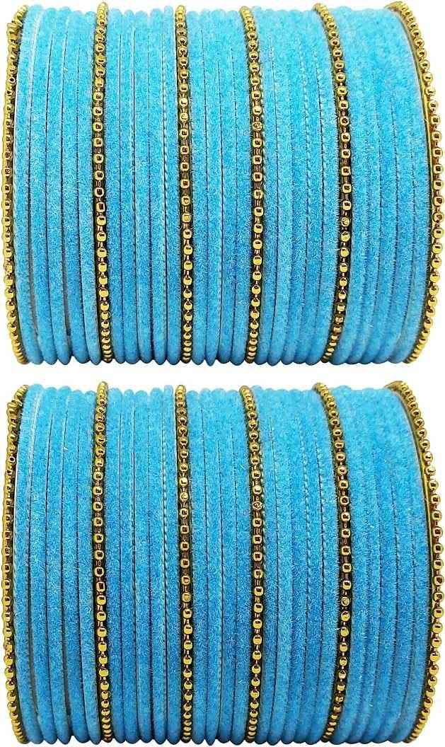 T4 Jewels Golden Beads Studded Glossy Finish Velvet Metal Bangles Set (Set Of 2) - 35NO Sky Blue All Bangle Sets T4 Jewels
