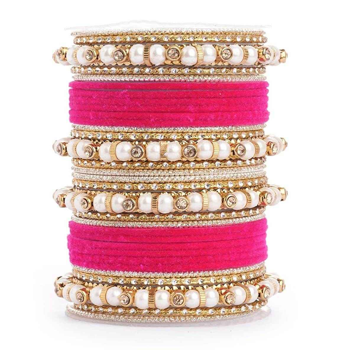 T4 Jewels Pearl Silver Gemstones Beads Studded Multicoloured Metal Bangles Set - 82NO Dark Pink All Bangle Sets T4 Jewels
