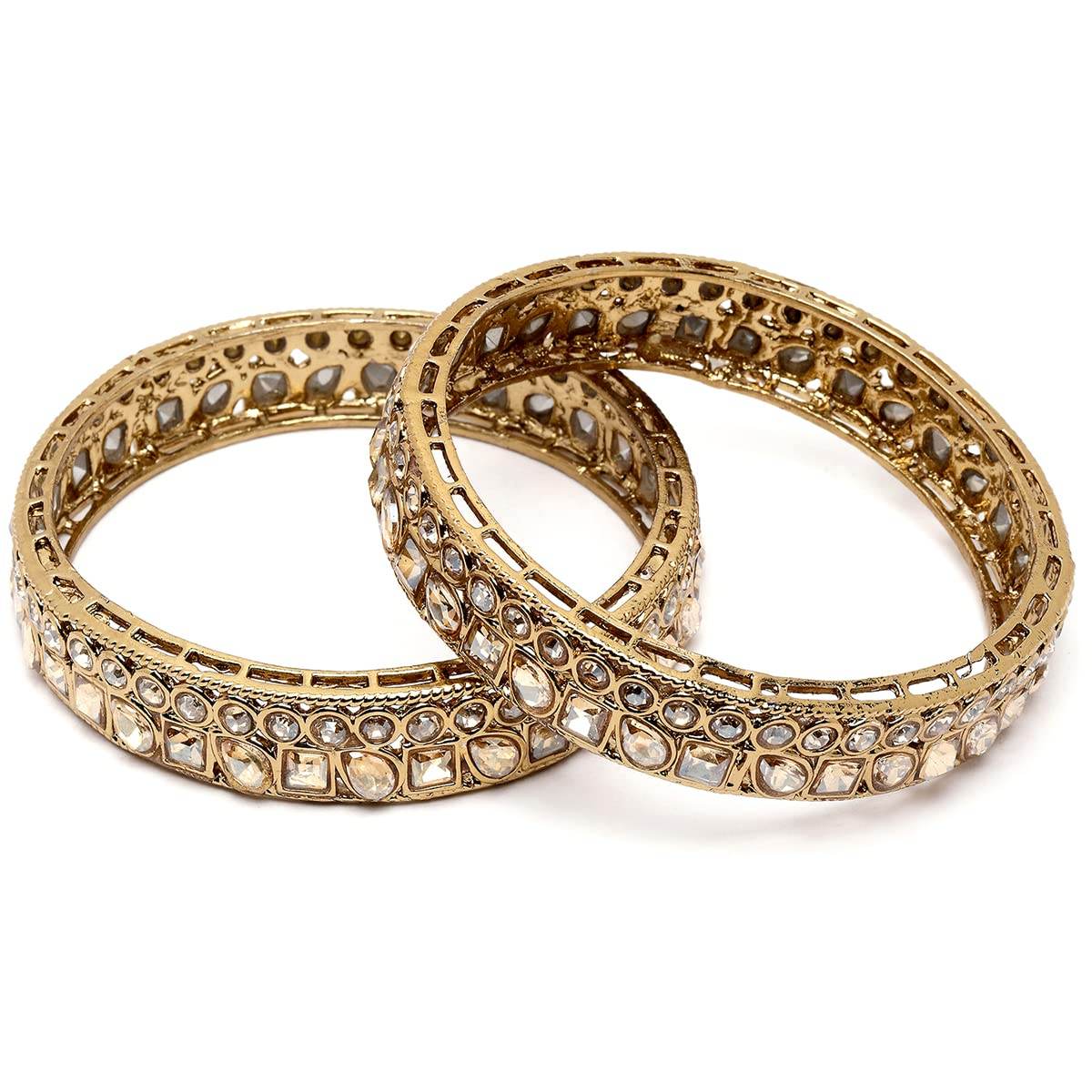T4 Jewels Set of 2 Golden Kundan Studded Antique Gold Plated Bangles for Women T4 Jewels