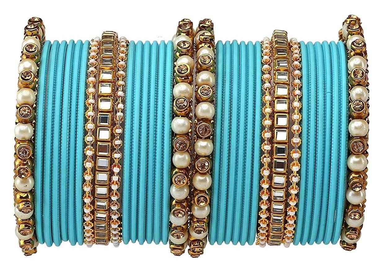 T4 Jewels Brass Metal Beads, Stones And Gemstones Studded Pearl & Glossy Finished Bangle Set- 63NO Sky Blue All Bangle Sets T4 Jewels