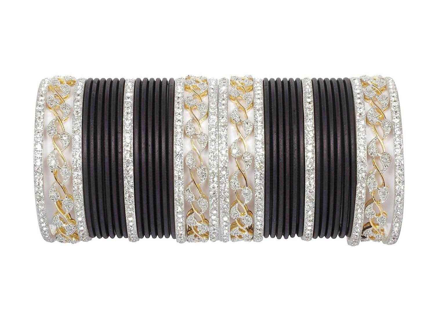 T4 Jewels AD Stones Studded Gold & Silver Plated Beautiful Bangles Set Bridal Chuda - 103NO Black All Bangle Sets T4 Jewels