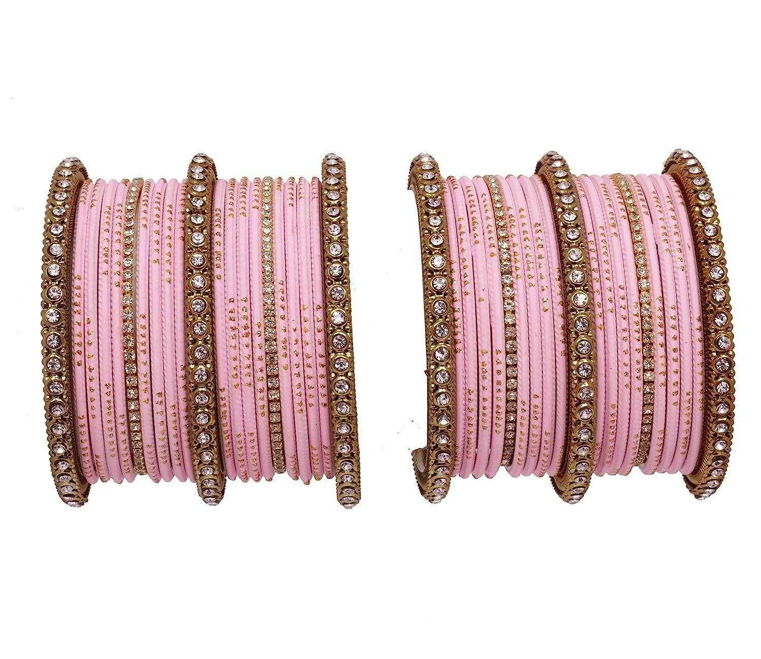 T4 Jewels 18k Gold Plated Zircon Stones Studded Designer Fashion Jewellery Metal Bangles Set - 99NO Light Pink 2.2 Inches All Bangle Sets T4 Jewels