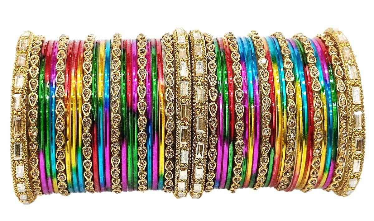 T4 Jewels 18k Gold Plated Drop Design Beautiful Stylish Fashion Jewellery Glass Bangles Set - 78NO Multi-Colour All Bangle Sets T4 Jewels