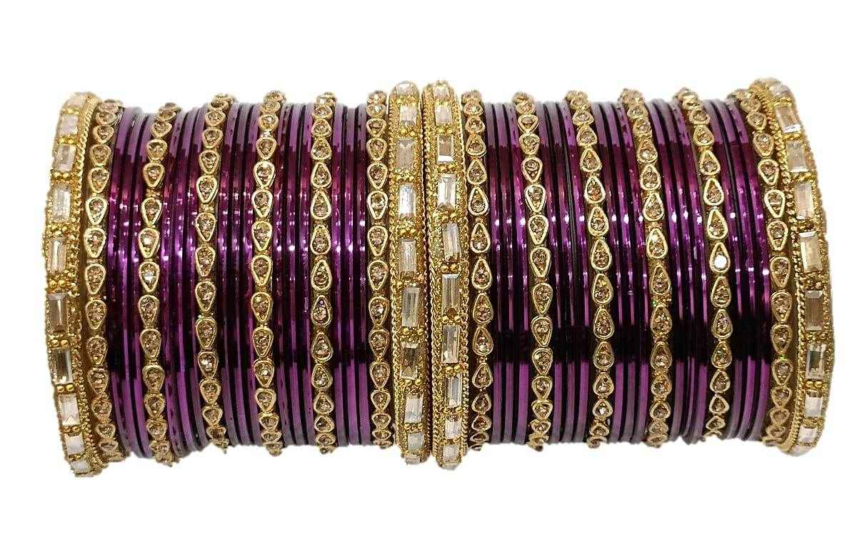 T4 Jewels 18k Gold Plated Drop Design Beautiful Stylish Fashion Jewellery Glass Bangles Set - 78NO Purple All Bangle Sets T4 Jewels