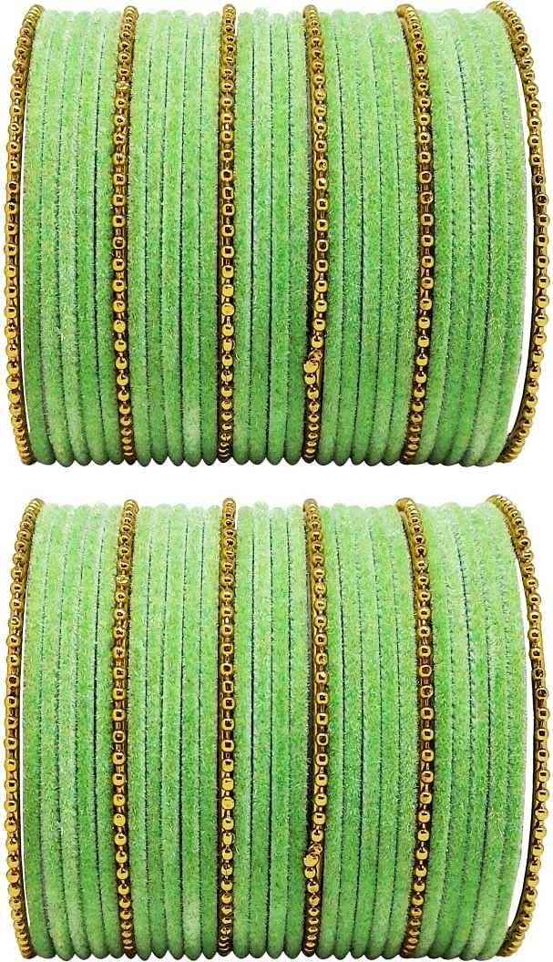 T4 Jewels Golden Beads Studded Glossy Finish Velvet Metal Bangles Set (Set Of 2) - 35NO Pista All Bangle Sets T4 Jewels