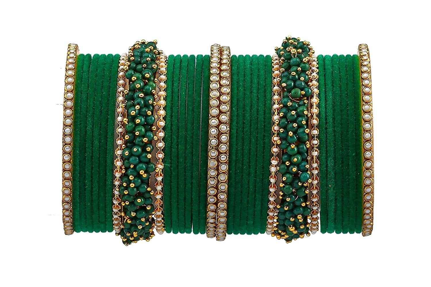 T4 Jewels Brass Metal Velvet Pearl And Beads Glossy Finished Bangles Set (Set For 2 Hand) - 59NO Green Bangle Sets T4 Jewels