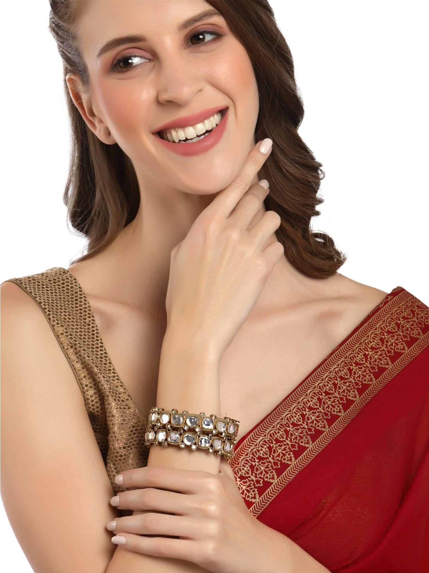 T4 Jewels Set of 2 Antique Gold Plated Mirror Work Kundan Bangles for Women T4 Jewels