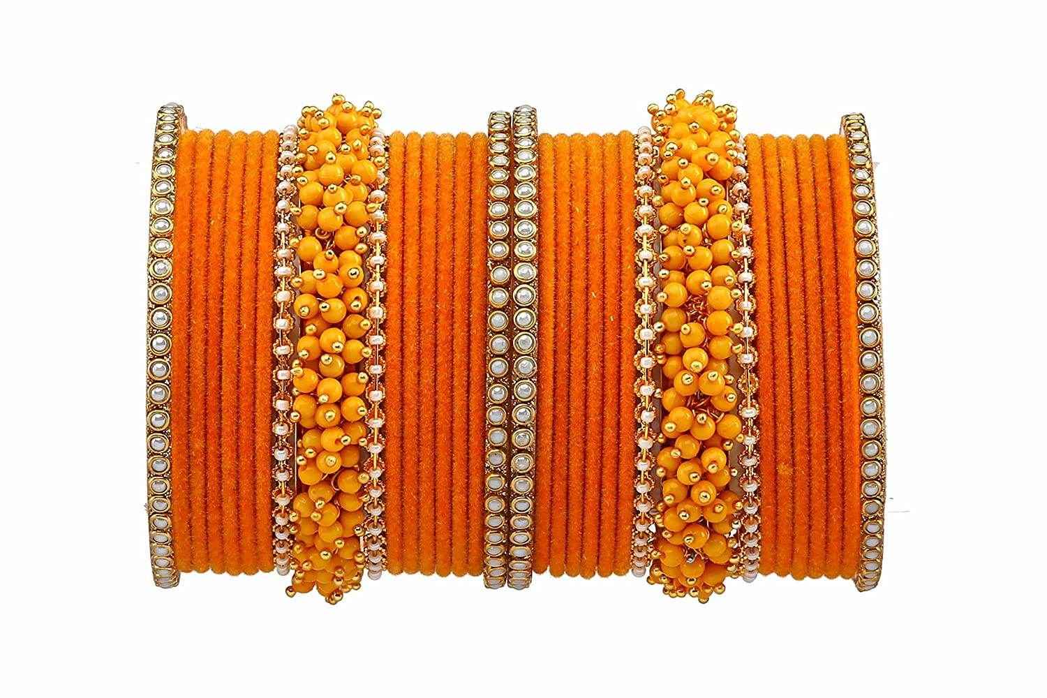T4 Jewels Brass Metal Velvet Pearl And Beads Glossy Finished Bangles Set (Set For 2 Hand) - 59NO Haldi Bangle Sets T4 Jewels
