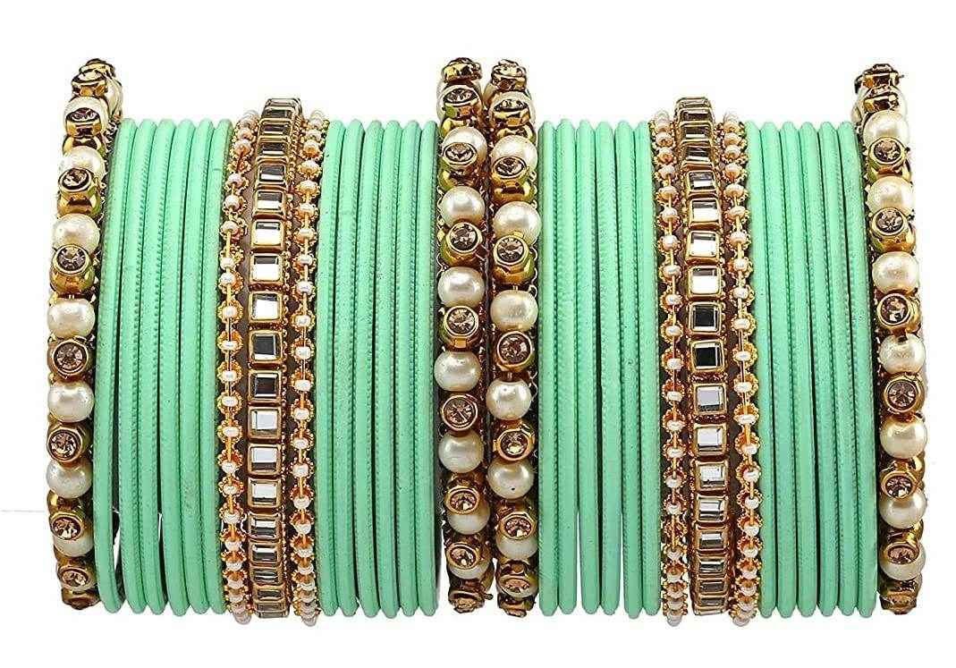 T4 Jewels Brass Metal Beads, Stones And Gemstones Studded Pearl & Glossy Finished Bangle Set- 63NO Pista All Bangle Sets T4 Jewels