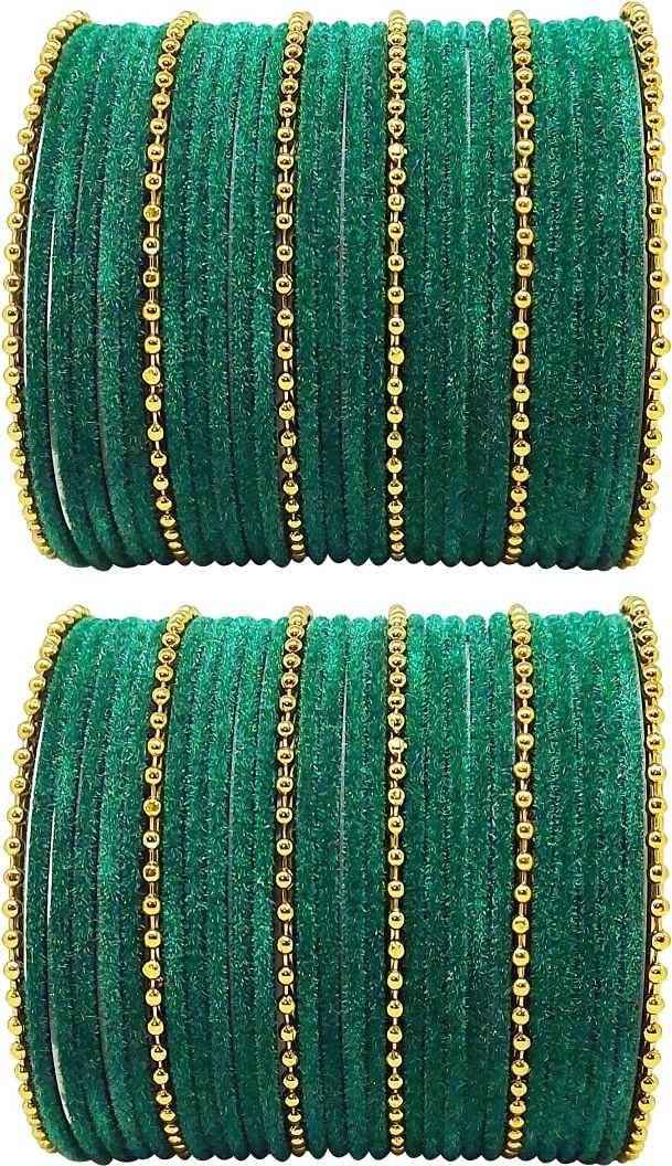 T4 Jewels Golden Beads Studded Glossy Finish Velvet Metal Bangles Set (Set Of 2) - 35NO Dark Green All Bangle Sets T4 Jewels