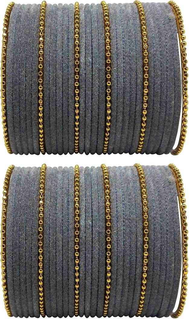 T4 Jewels Golden Beads Studded Glossy Finish Velvet Metal Bangles Set (Set Of 2) - 35NO Grey All Bangle Sets T4 Jewels