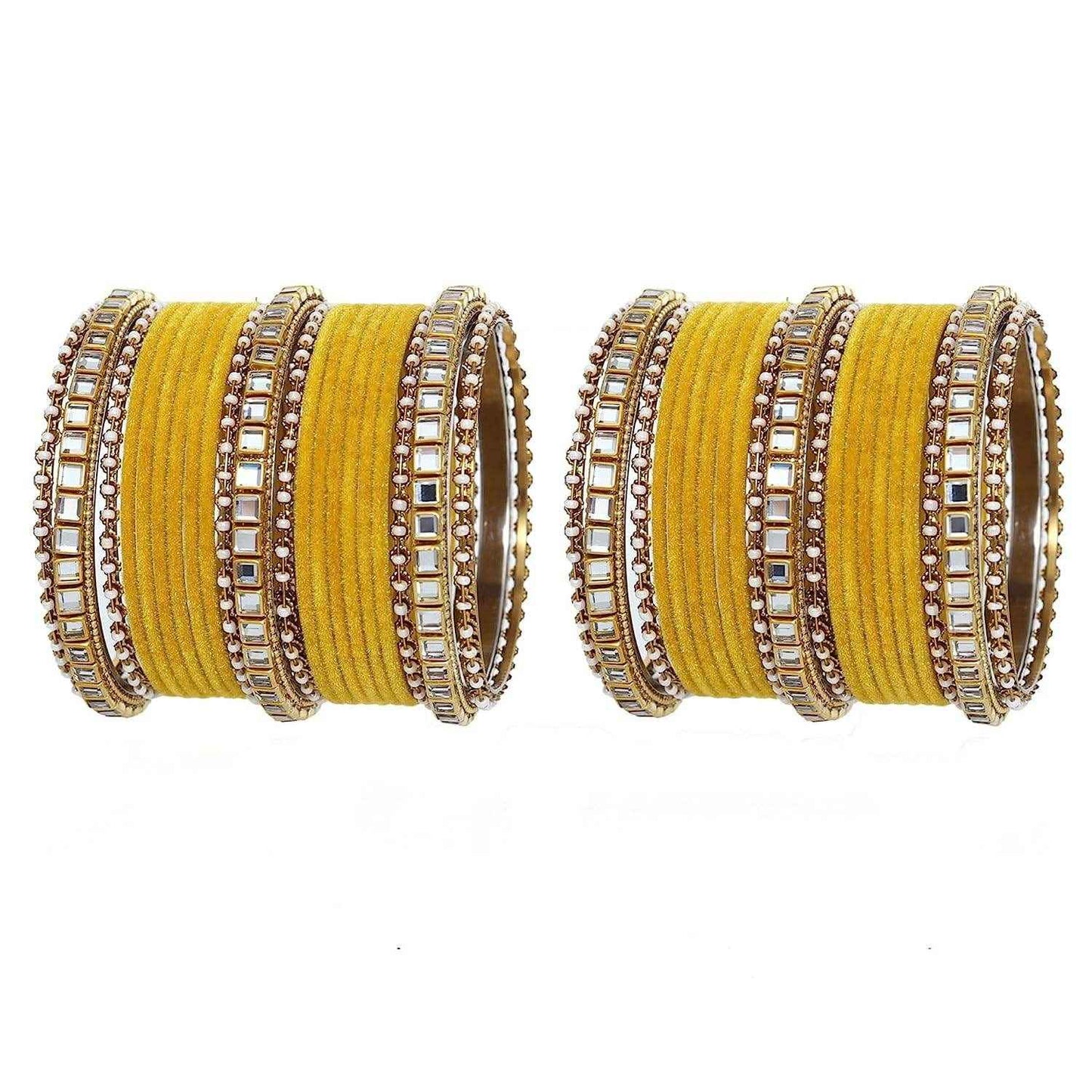 T4 Jewels Stones Studded Latest Fashion Jewellery Kundan Glossy Velvet Metal Bangles Set - 105NO Yellow All Bangle Sets T4 Jewels