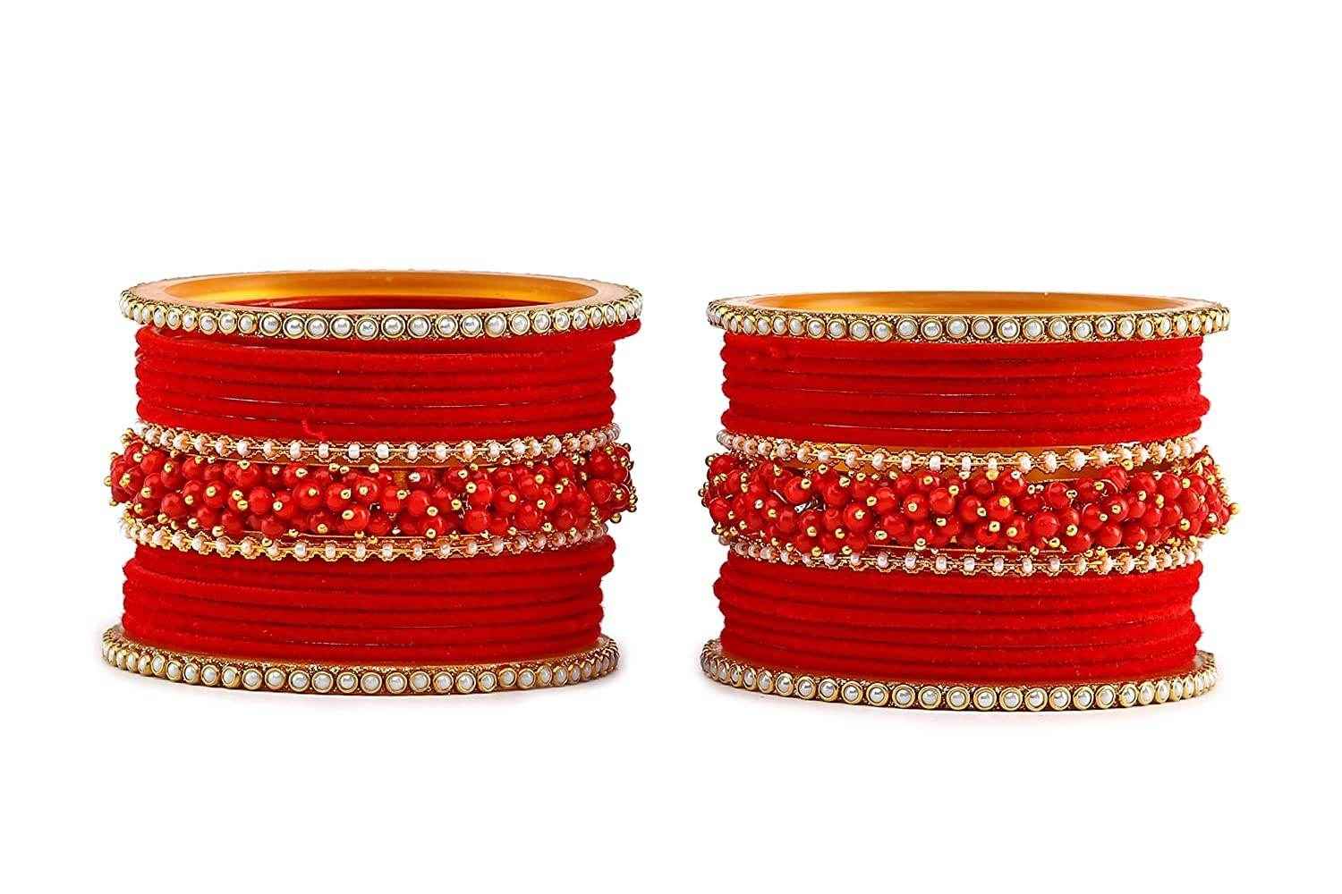 T4 Jewels Brass Metal Velvet Pearl And Beads Glossy Finished Bangles Set (Set For 2 Hand) - 59NO Bangle Sets T4 Jewels