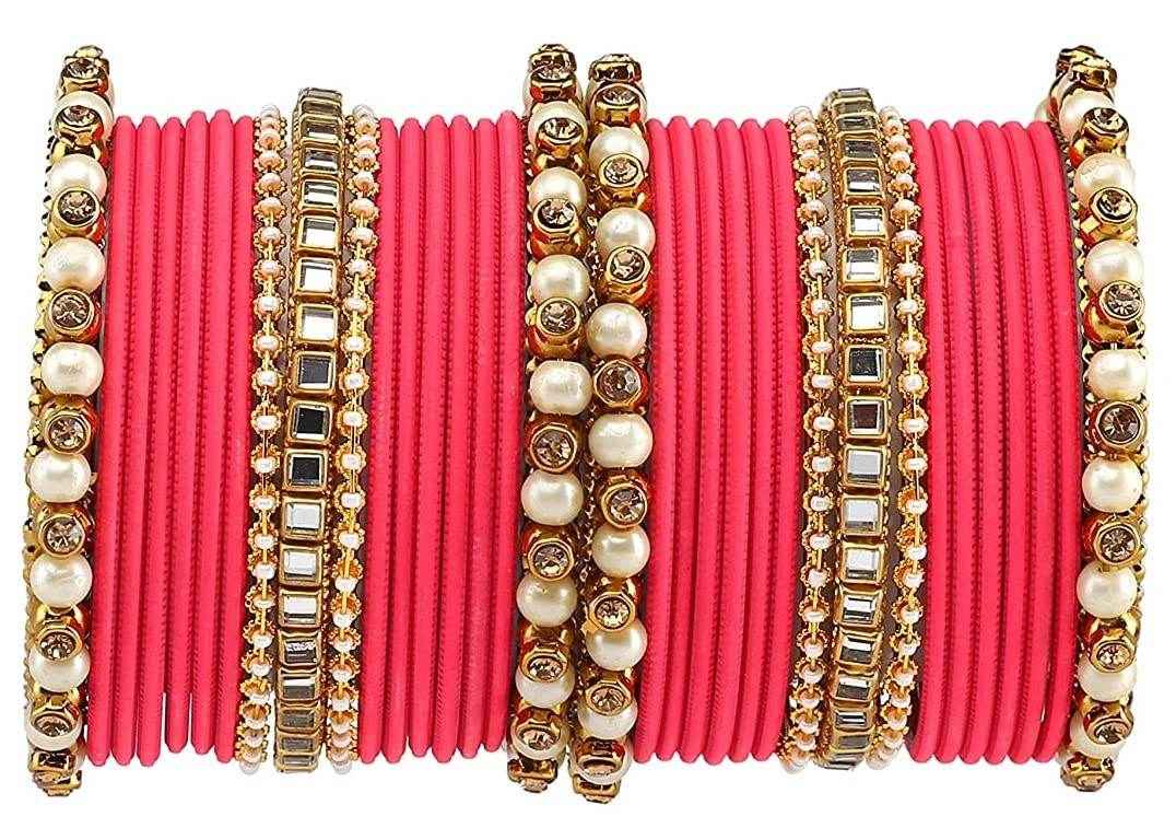 T4 Jewels Brass Metal Beads, Stones And Gemstones Studded Pearl & Glossy Finished Bangle Set- 63NO Pink All Bangle Sets T4 Jewels
