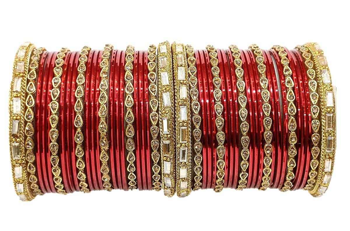 T4 Jewels 18k Gold Plated Drop Design Beautiful Stylish Fashion Jewellery Glass Bangles Set - 78NO Red All Bangle Sets T4 Jewels