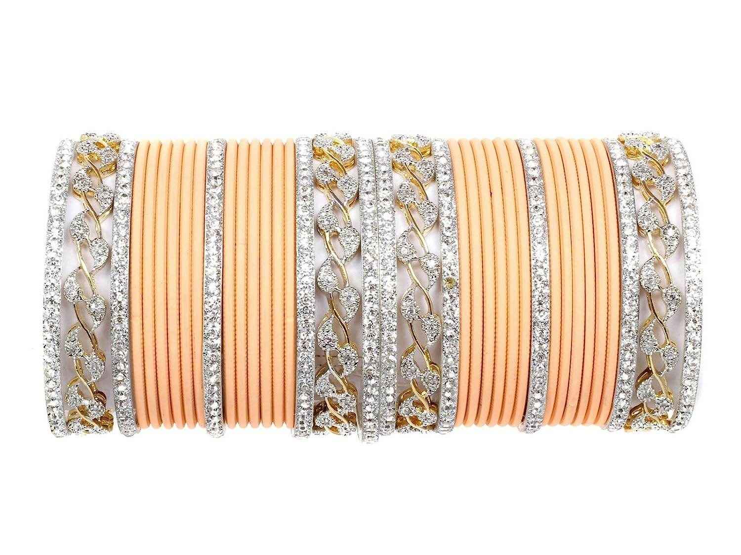 T4 Jewels AD Stones Studded Gold & Silver Plated Beautiful Bangles Set Bridal Chuda - 103NO Peach All Bangle Sets T4 Jewels
