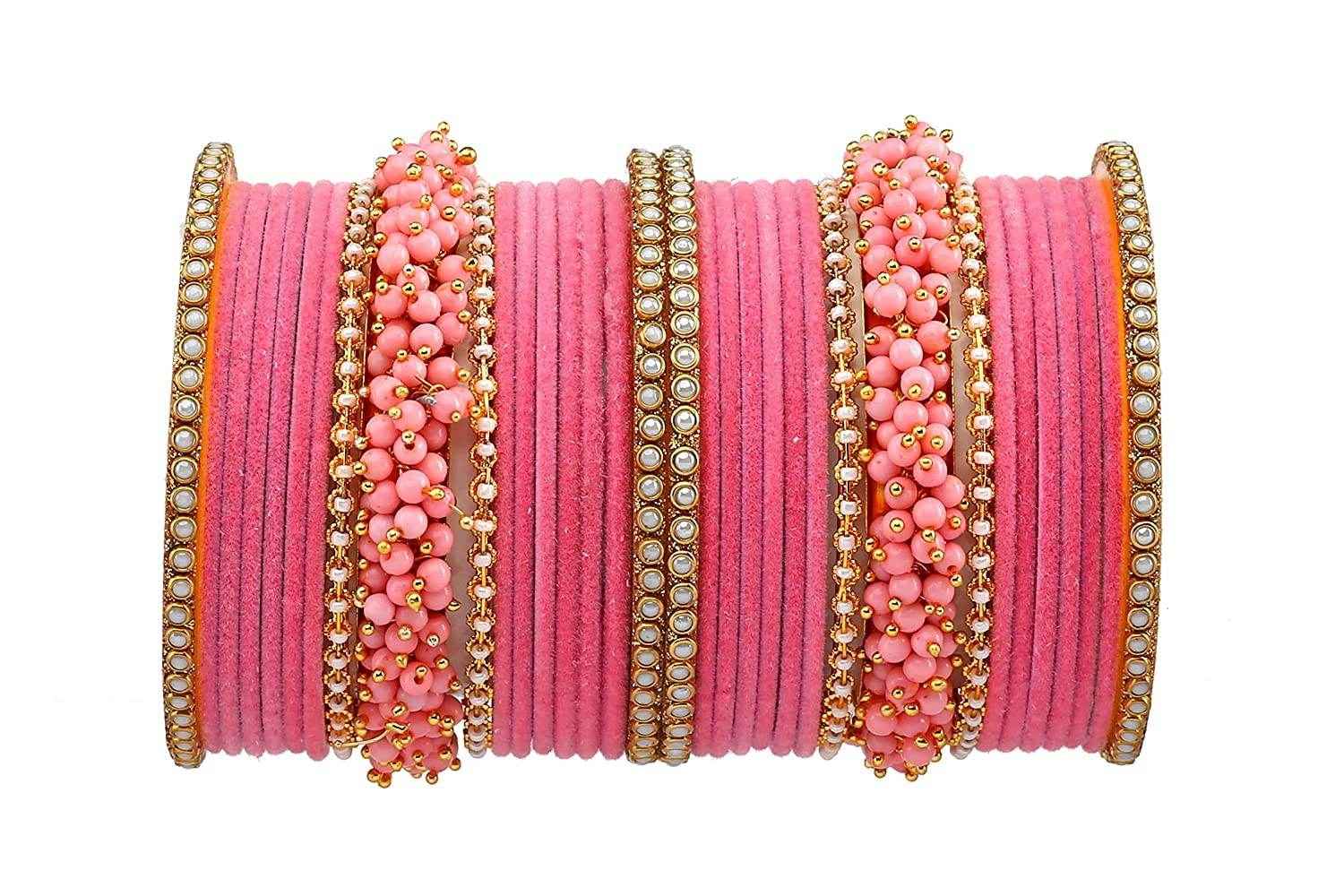 T4 Jewels Brass Metal Velvet Pearl And Beads Glossy Finished Bangles Set (Set For 2 Hand) - 59NO Pink Bangle Sets T4 Jewels