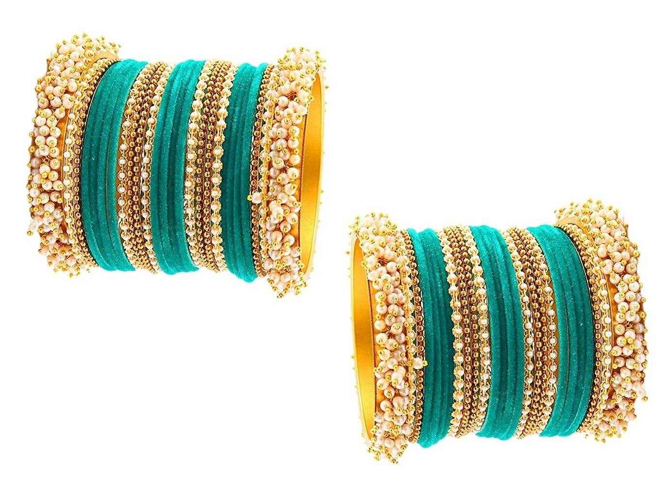 T4 Jewels Pearl Gemstones Zircon Stylish Colours Fashion Jewellery Metal Bangles Set - 92NO Radium All Bangle Sets T4 Jewels