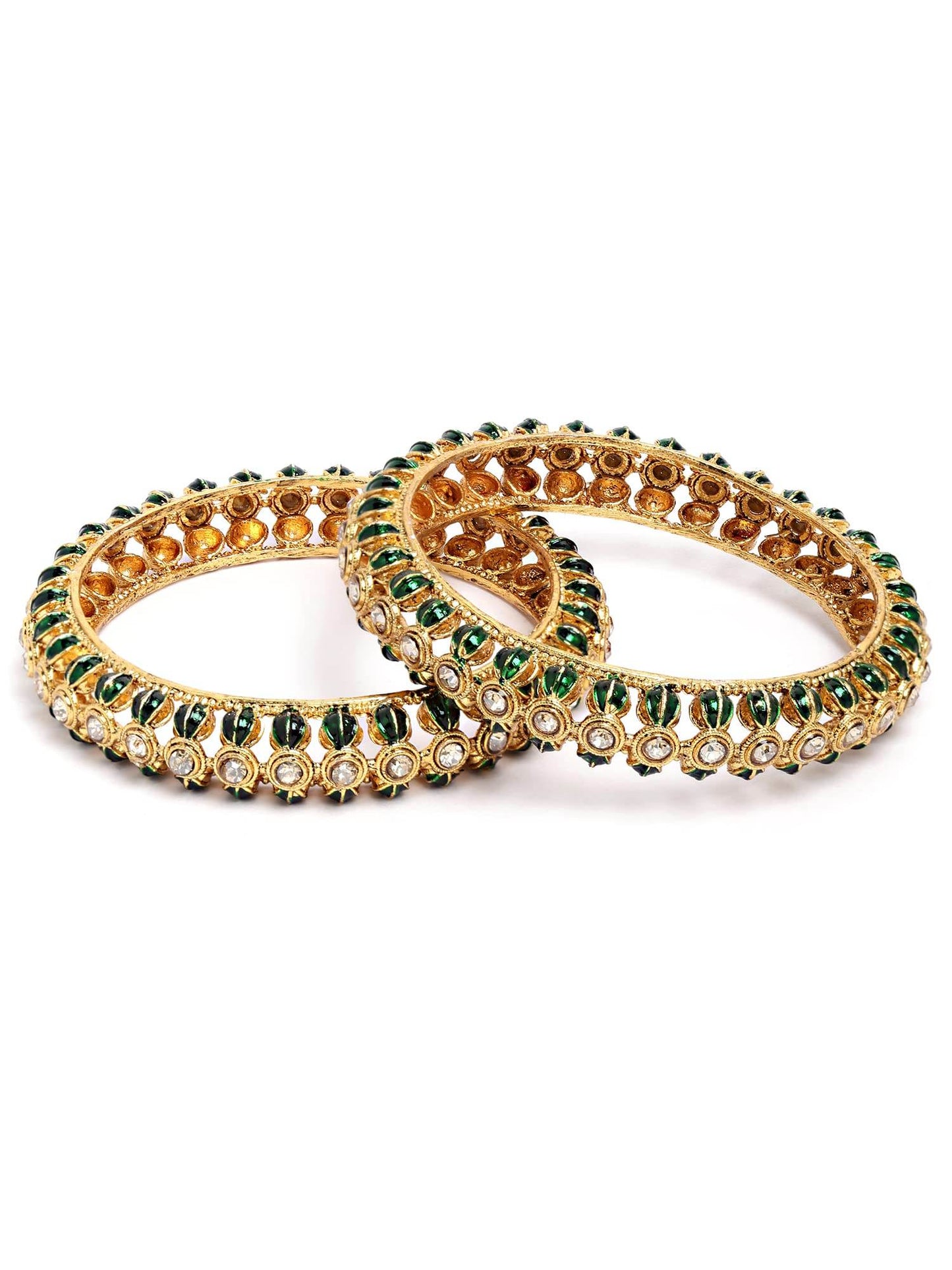 T4 Jewels Set of 2 Antique Gold Plated Green Kundan Rajwadi Bangles for Women 2.6 T4 Jewels