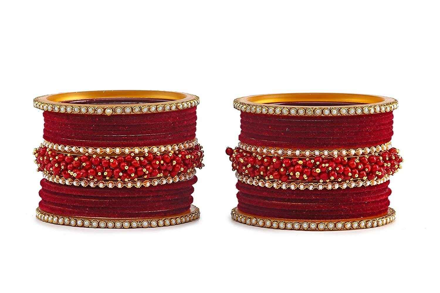 T4 Jewels Brass Metal Velvet Pearl And Beads Glossy Finished Bangles Set (Set For 2 Hand) - 59NO Bangle Sets T4 Jewels