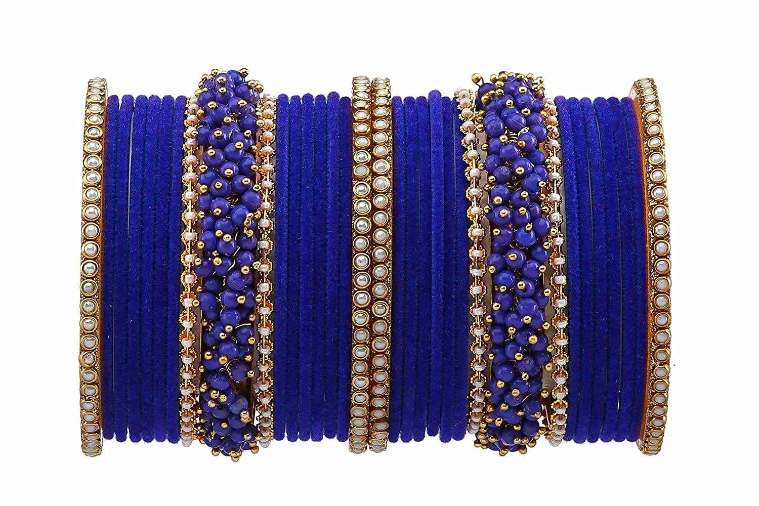 T4 Jewels Brass Metal Velvet Pearl And Beads Glossy Finished Bangles Set (Set For 2 Hand) - 59NO Blue Bangle Sets T4 Jewels