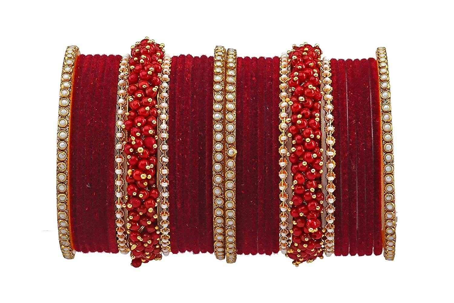 T4 Jewels Brass Metal Velvet Pearl And Beads Glossy Finished Bangles Set (Set For 2 Hand) - 59NO Maroon Bangle Sets T4 Jewels