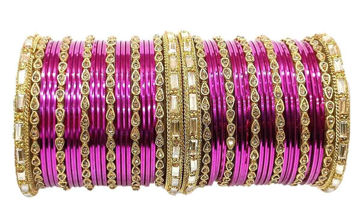 T4 Jewels 18k Gold Plated Drop Design Beautiful Stylish Fashion Jewellery Glass Bangles Set - 78NO Magenta All Bangle Sets T4 Jewels
