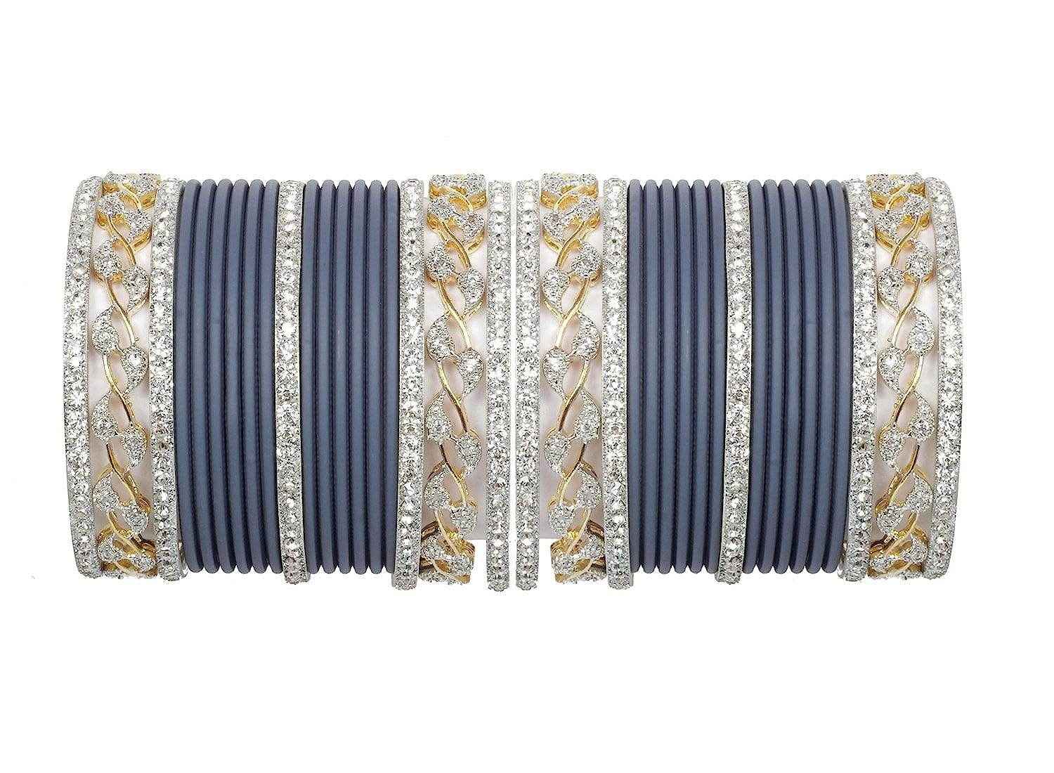 T4 Jewels AD Stones Studded Gold & Silver Plated Beautiful Bangles Set Bridal Chuda - 103NO Grey All Bangle Sets T4 Jewels