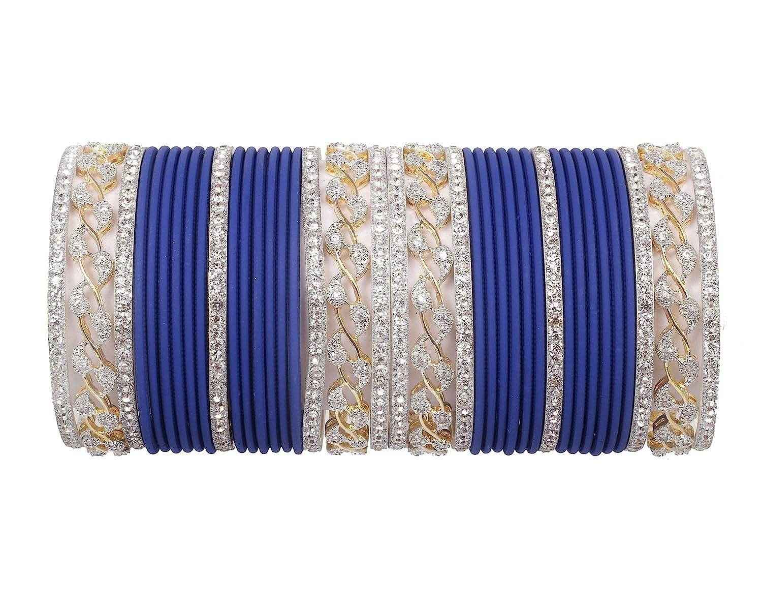T4 Jewels AD Stones Studded Gold & Silver Plated Beautiful Bangles Set Bridal Chuda - 103NO Navy Blue All Bangle Sets T4 Jewels