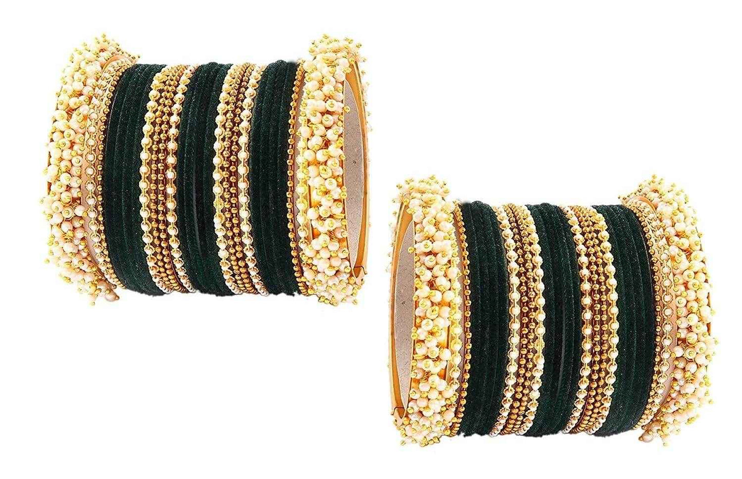T4 Jewels Pearl Gemstones Zircon Stylish Colours Fashion Jewellery Metal Bangles Set - 92NO Dark Green All Bangle Sets T4 Jewels