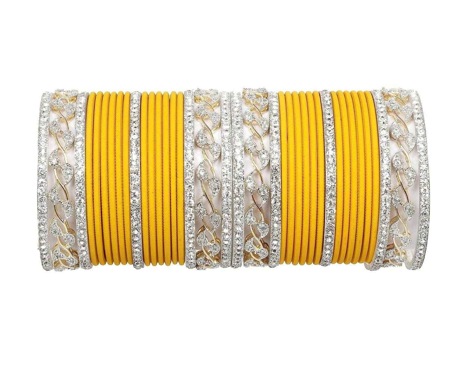 T4 Jewels AD Stones Studded Gold & Silver Plated Beautiful Bangles Set Bridal Chuda - 103NO Yellow All Bangle Sets T4 Jewels