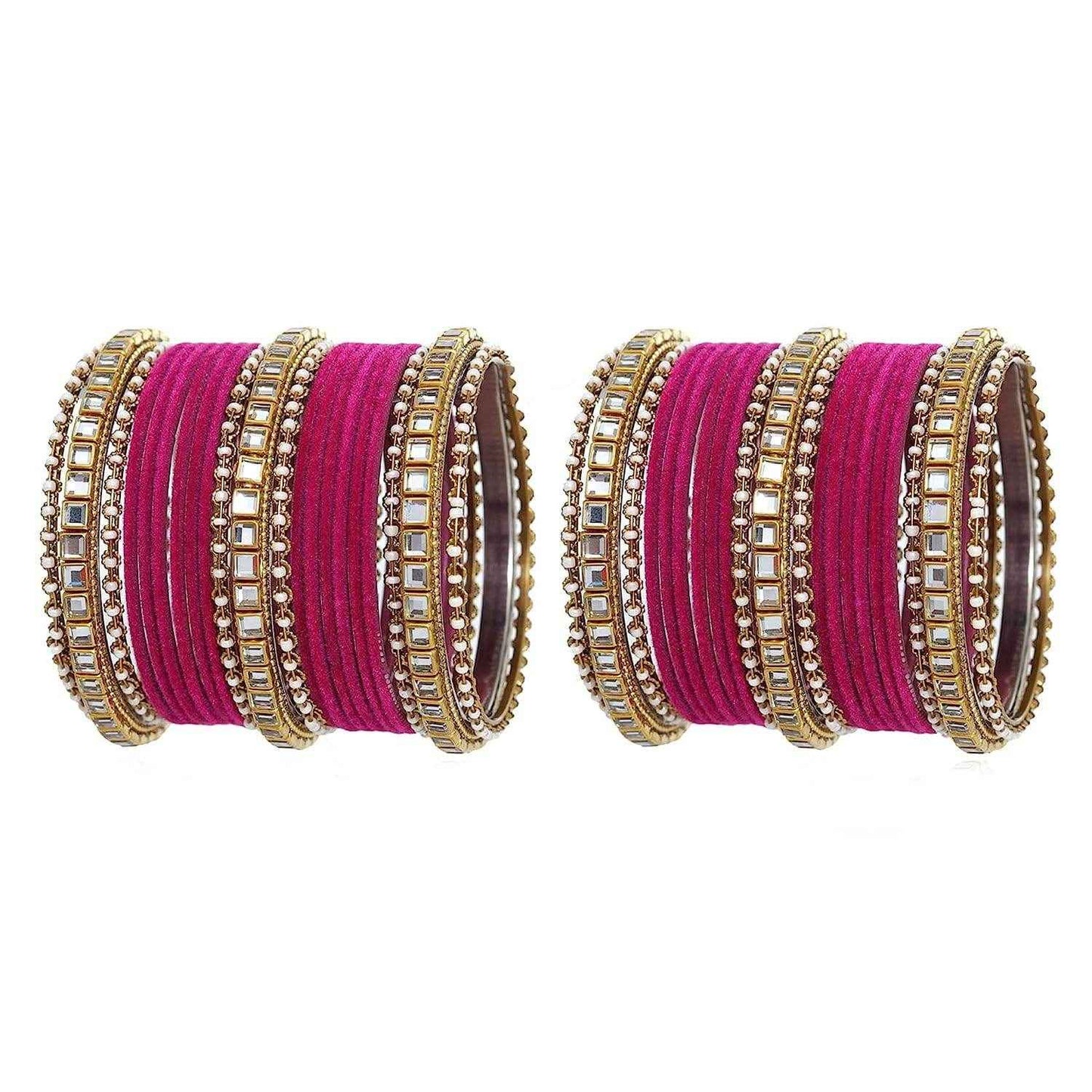 T4 Jewels Stones Studded Latest Fashion Jewellery Kundan Glossy Velvet Metal Bangles Set - 105NO Magenta All Bangle Sets T4 Jewels