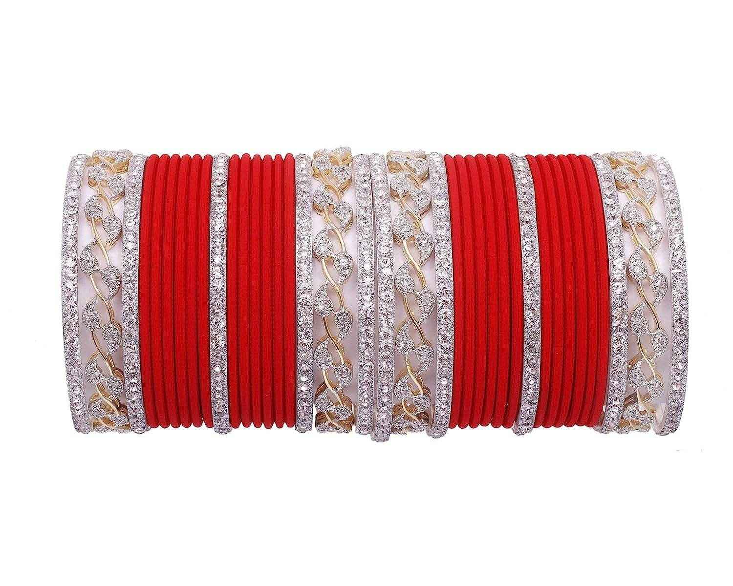 T4 Jewels AD Stones Studded Gold & Silver Plated Beautiful Bangles Set Bridal Chuda - 103NO Red All Bangle Sets T4 Jewels