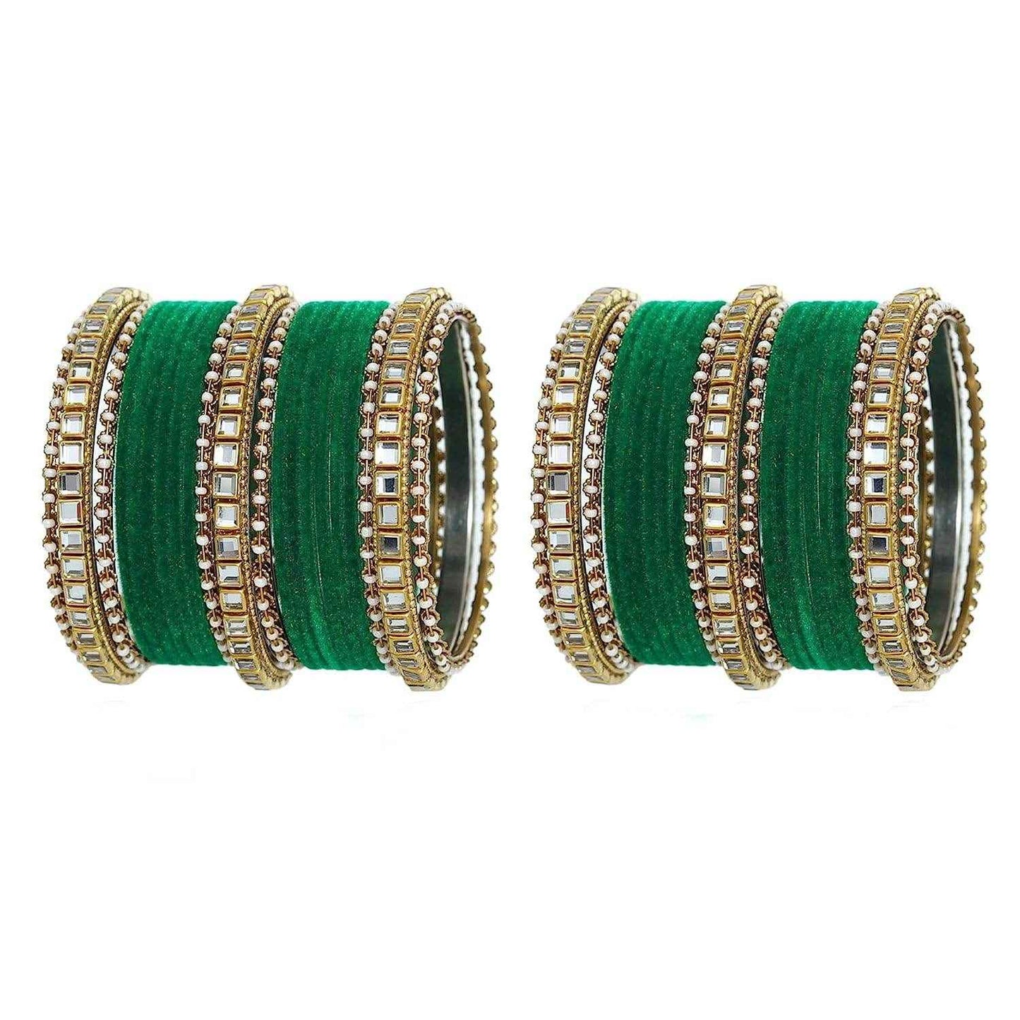 T4 Jewels Stones Studded Latest Fashion Jewellery Kundan Glossy Velvet Metal Bangles Set - 105NO Green All Bangle Sets T4 Jewels