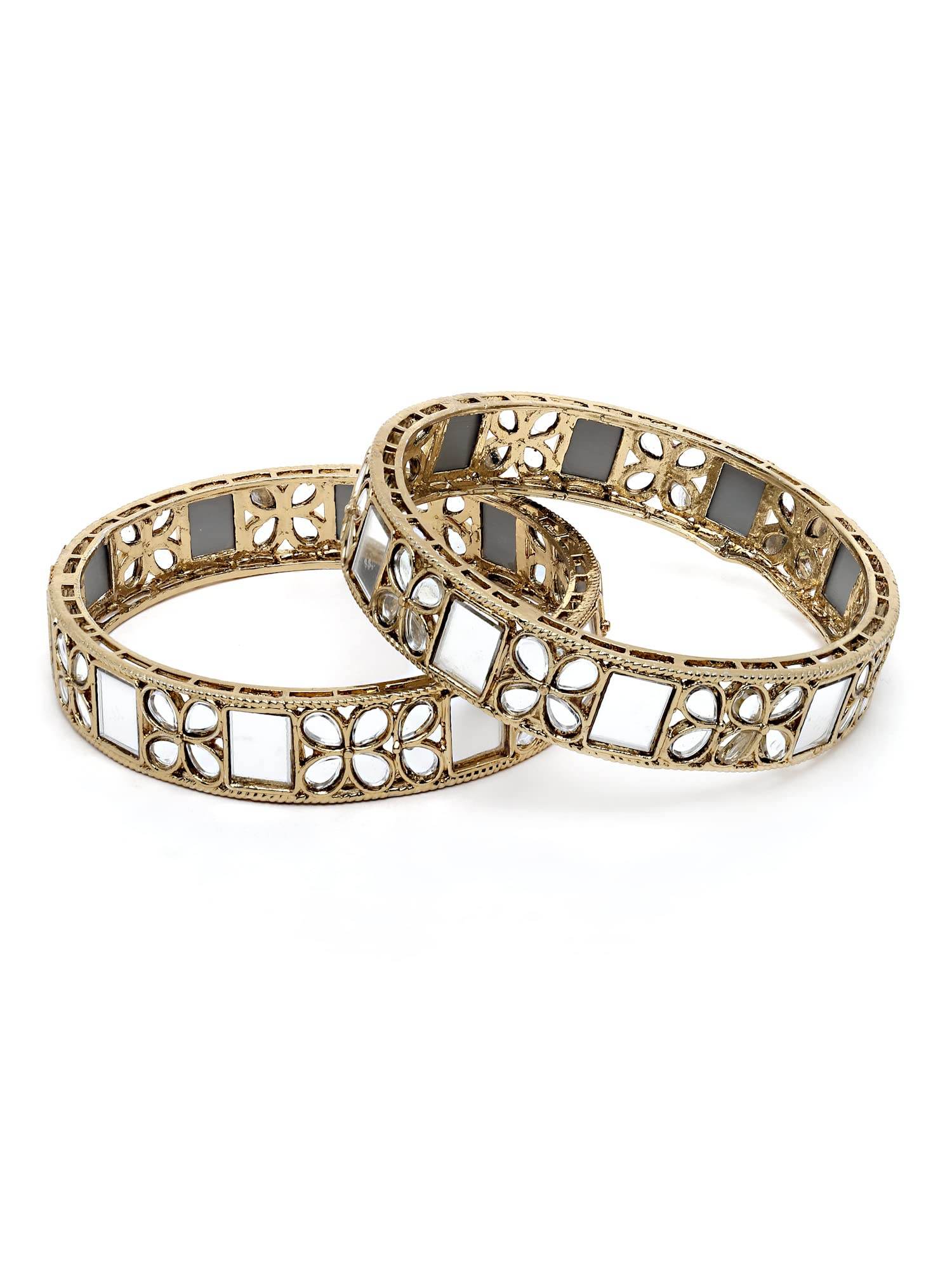 T4 Jewels Set of 2 Antique Gold Plated Floral Kundan Mirror Work Bangles for Women 2.6 T4 Jewels