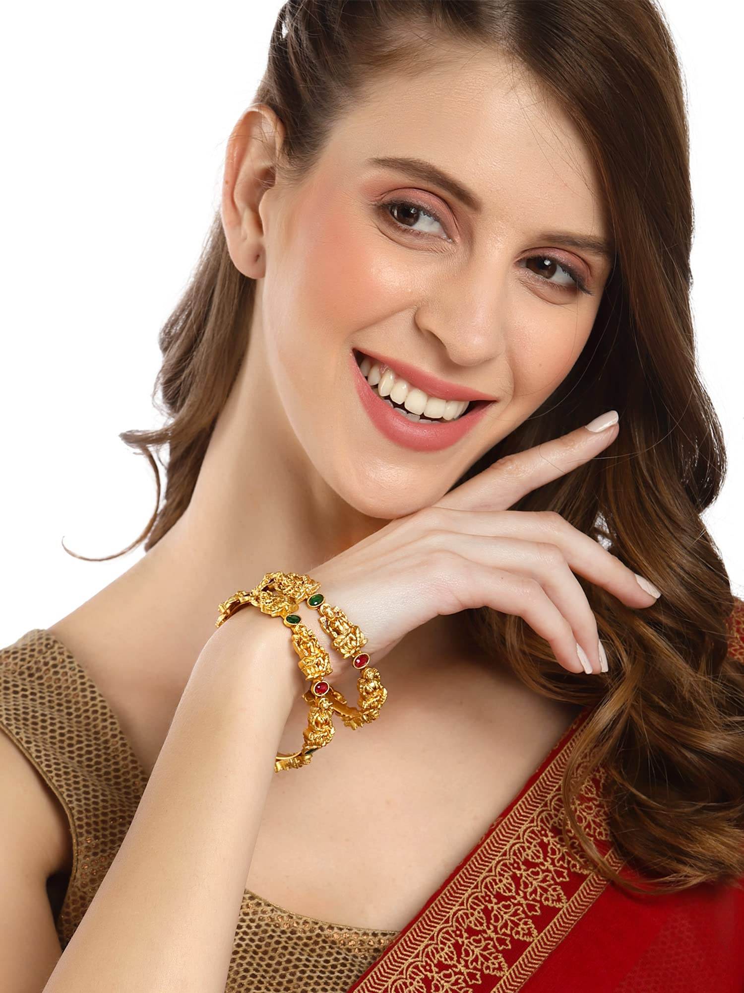 T4 Jewels Antique Gold Plated Set of 2 Mata Laxmi Rajwadi Temple Bangles for Women T4 Jewels