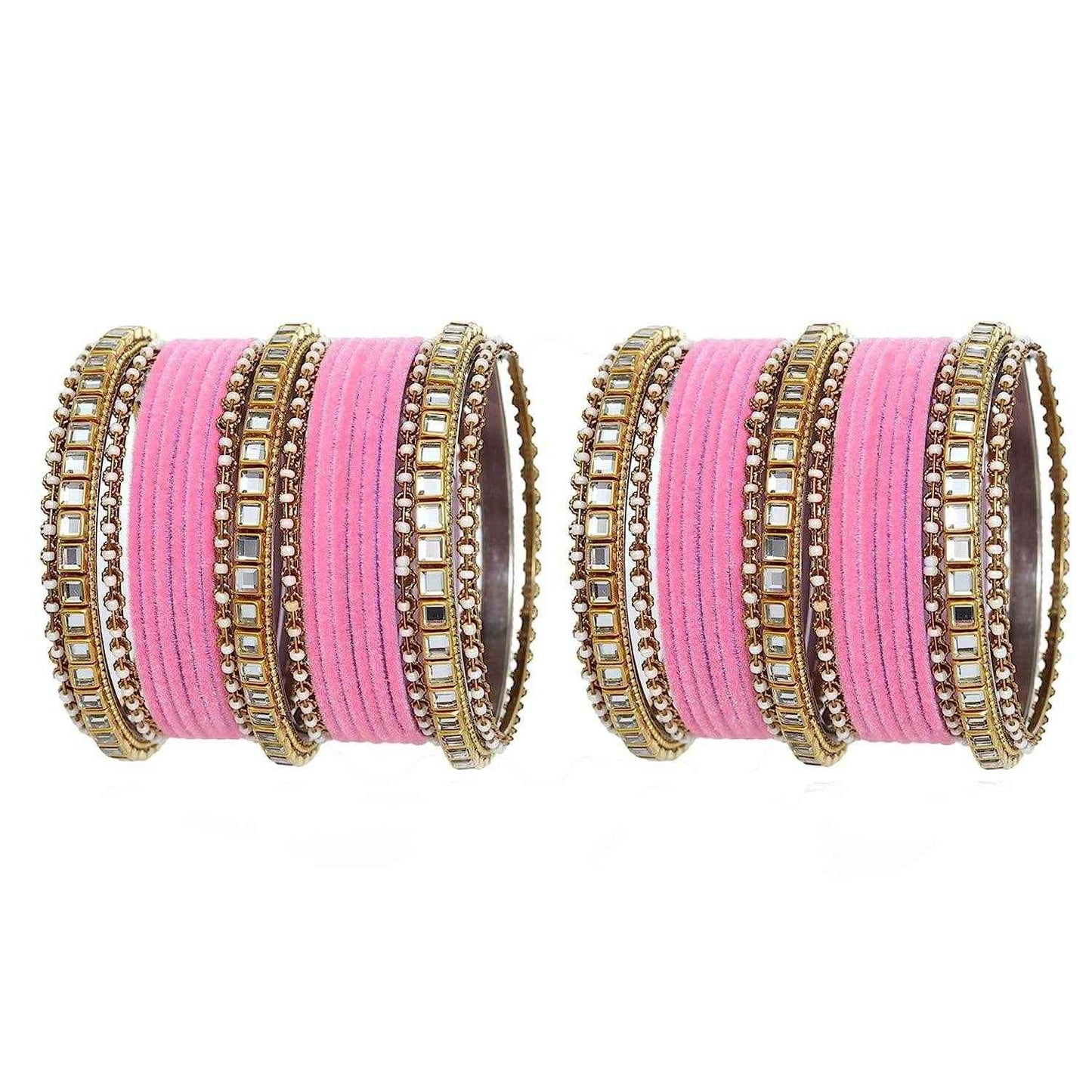 T4 Jewels Stones Studded Latest Fashion Jewellery Kundan Glossy Velvet Metal Bangles Set - 105NO Pink All Bangle Sets T4 Jewels
