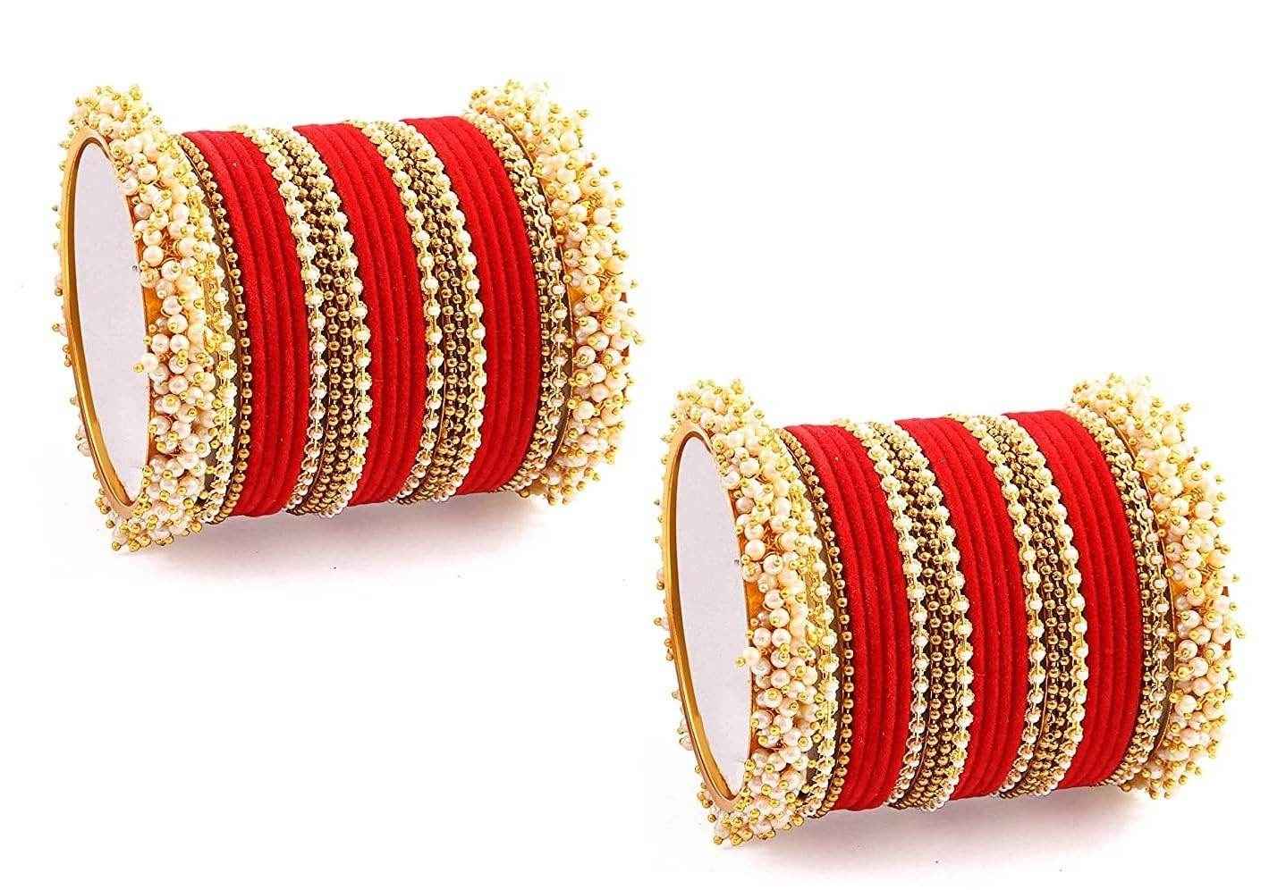 T4 Jewels Pearl Gemstones Zircon Stylish Colours Fashion Jewellery Metal Bangles Set - 92NO Red All Bangle Sets T4 Jewels