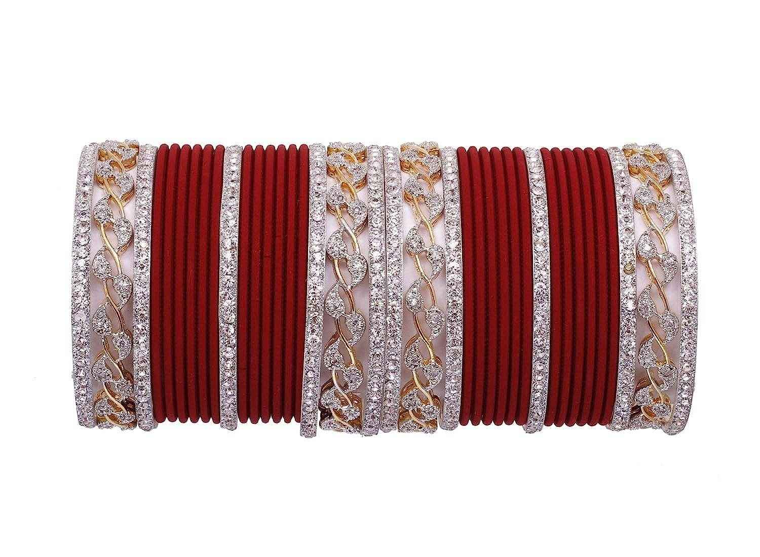 T4 Jewels AD Stones Studded Gold & Silver Plated Beautiful Bangles Set Bridal Chuda - 103NO Maroon All Bangle Sets T4 Jewels