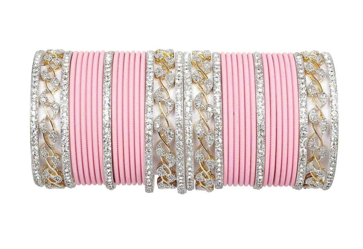 T4 Jewels AD Stones Studded Gold & Silver Plated Beautiful Bangles Set Bridal Chuda - 103NO Pink All Bangle Sets T4 Jewels