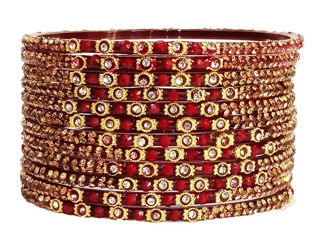 T4 Jewels (2.10 & 2.12 Size Designer Maroon Colour Golden Silver Stones Studded Beautiful Glass Bangles Set For Women & Girls - (Set Of 12) T4 Jewels
