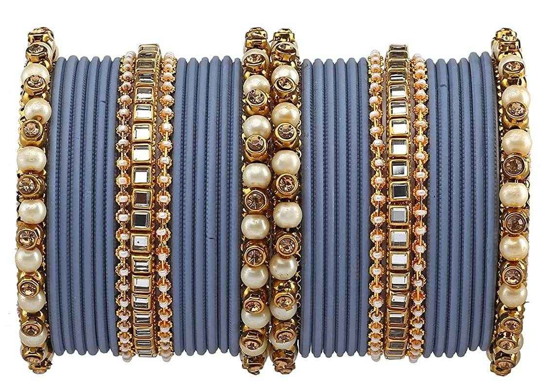T4 Jewels Brass Metal Beads, Stones And Gemstones Studded Pearl & Glossy Finished Bangle Set- 63NO Grey All Bangle Sets T4 Jewels