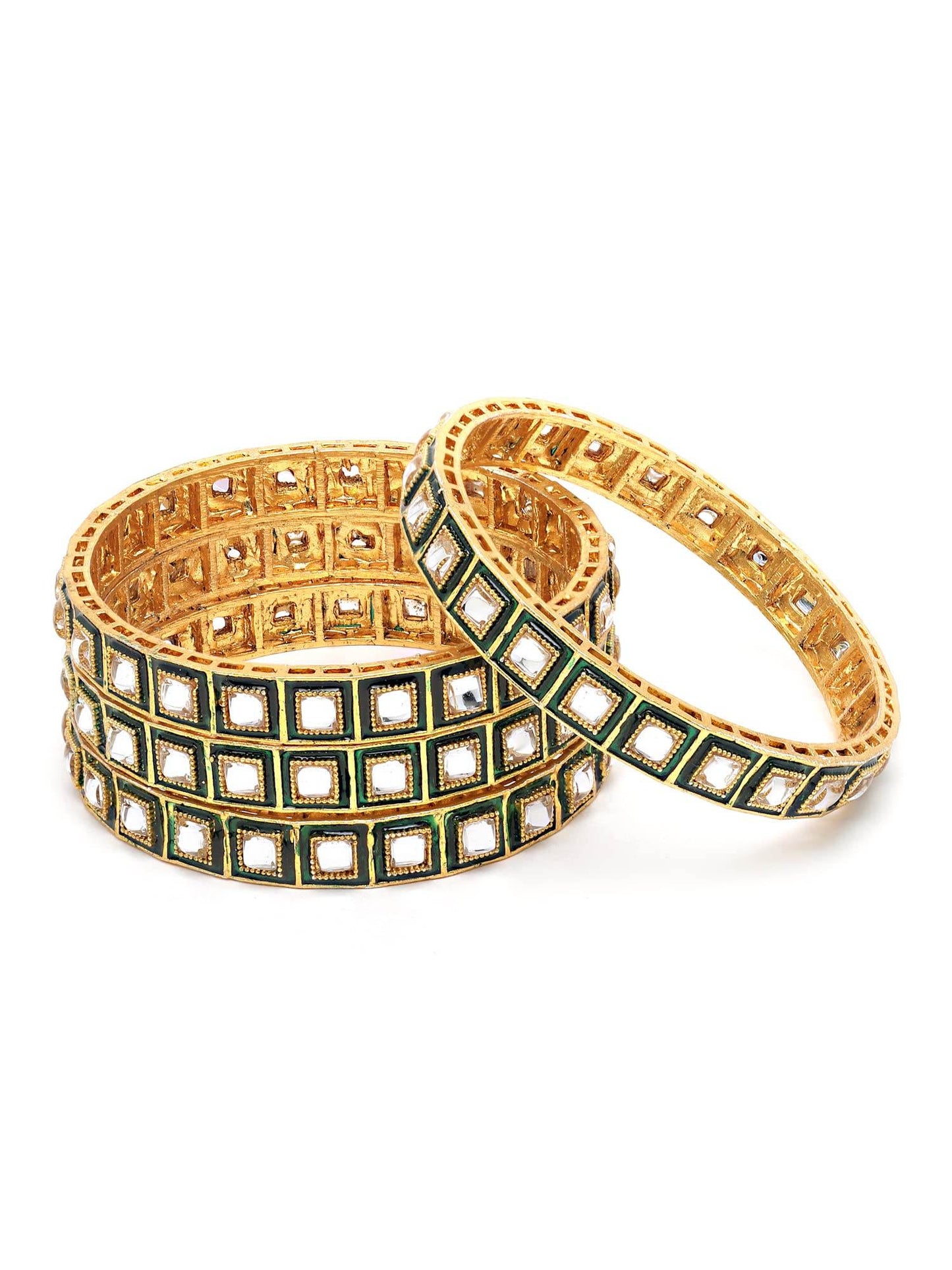 T4 Jewels Set of 4 Antique Gold Plated Green Meena Work Kundan Bangles for Women T4 Jewels